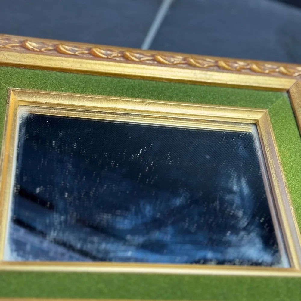 Vintage Gold Gilt Wood Wall Mirror Green Velvet Inset Frame Made in Taiwan 8x10
